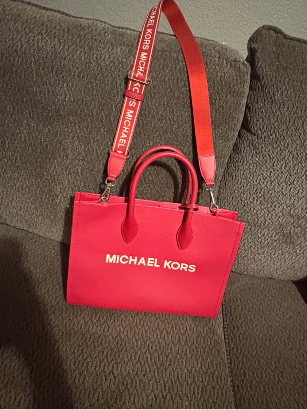 Large Michael Kors Bright Raspberry Logo Tote with Detachable Logo Strap